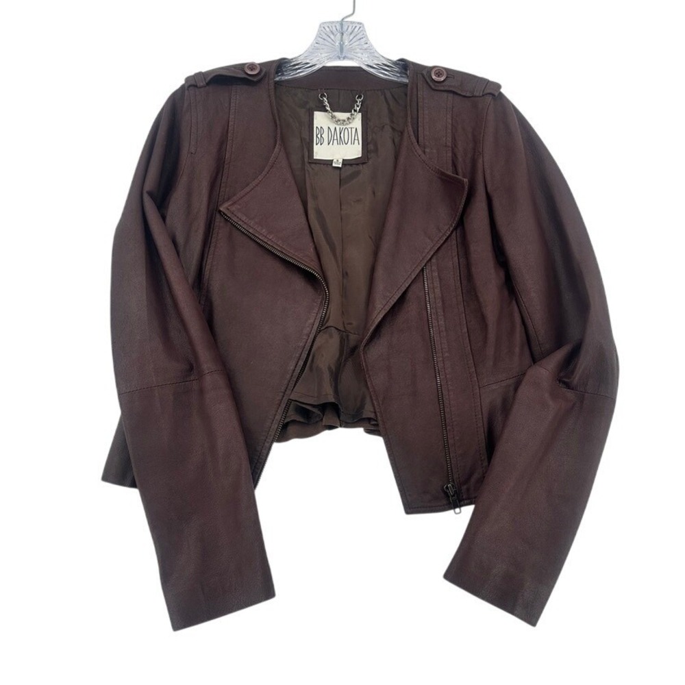 BB Dakota Brown Cropped Leather‎ Moto Jacket Peplum Hem S